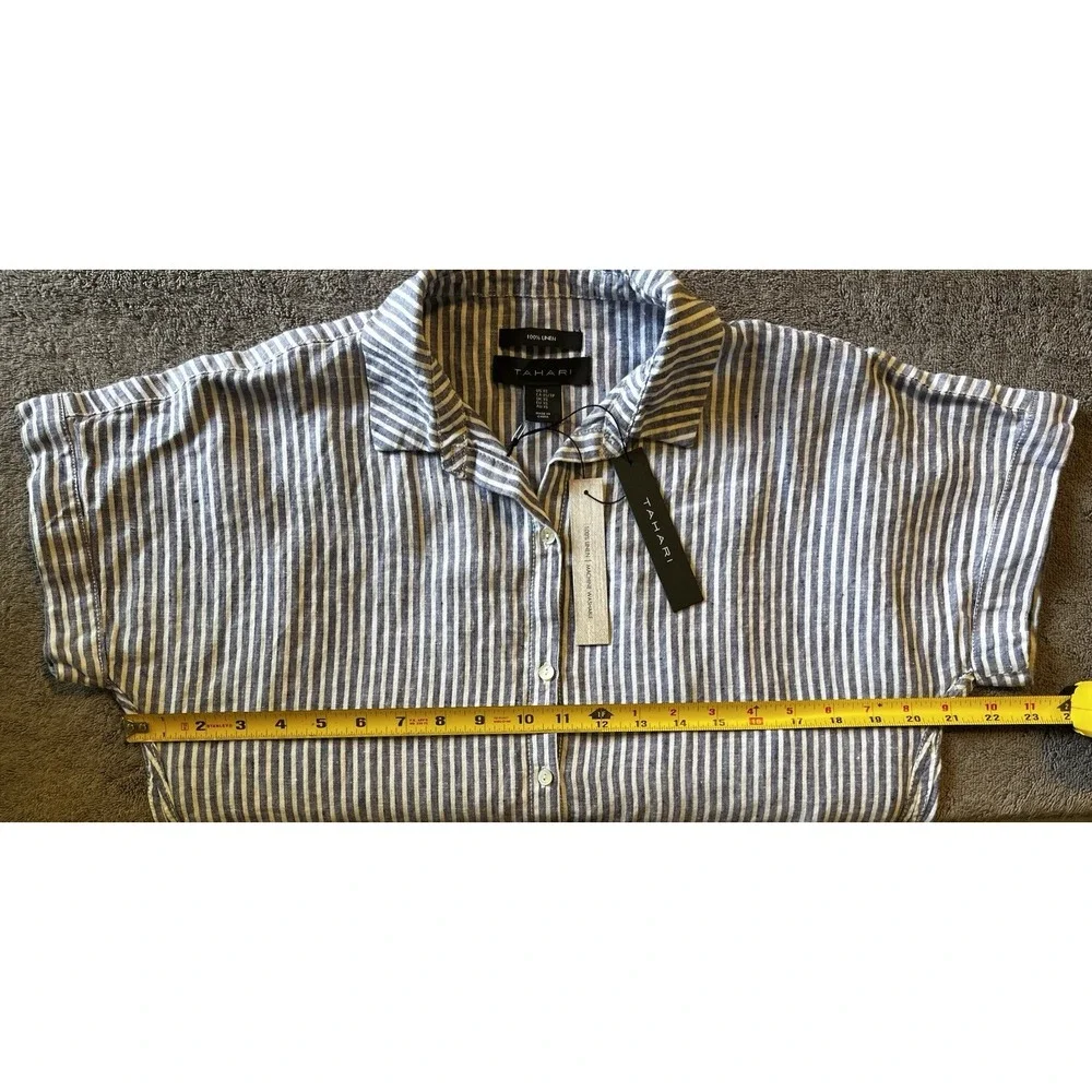 TAHARI 100% Linen Blue White Stripe‎ Collared Short Sleeve Midi Shirt Dress XS - Picture 5 of 6